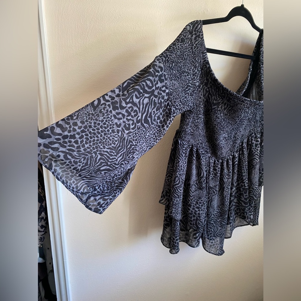 Animal Print, scarf hem, smocked top